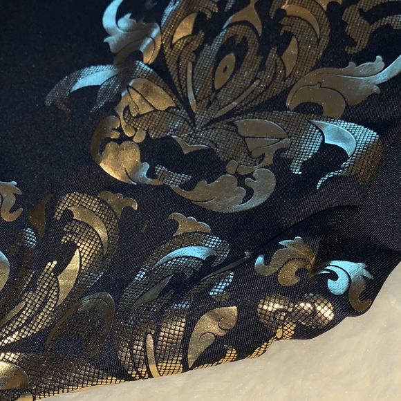 Y2k gold metallic foil filigree black leggings skinny pants M - Picture 12 of 13